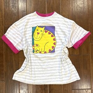 Vintage 90s Gopher Sport Crazy Cat Lady T Shirt Womens XL Gray Stripe USA Twofer